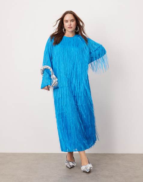 ASOS EDITION Curve - Vestito lungo girocollo blu acceso con frange - view 1