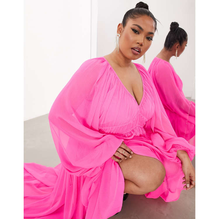 ASOS Edition Curve - Vestito lungo in chiffon rosa acceso raccolto in vita