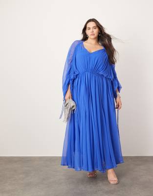 Asos Edition Curve - Vestito Lungo Raccolto In Vita In Chiffon Color Blu Cobalto-Nero