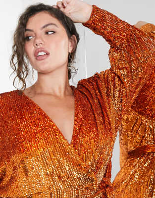 ASOS EDITION Curve - Vestito midi a portafoglio in paillettes ruggine-Arancione - ASOS EDITION  donna Arancione - immagine1