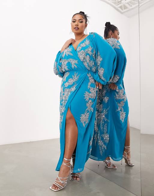 ASOS Edition Curve - Vestito midi avvolgente blu decorato con fiori di strass