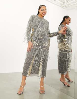 Asos Edition Curve - Vestito Midi Fasciante Con Frange E Decorazioni Color Antracite-Grigio