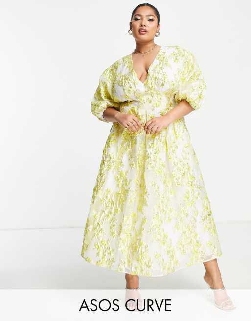 ASOS Edition Curve - Vestito midi in jacquard giallo con pieghe in vita