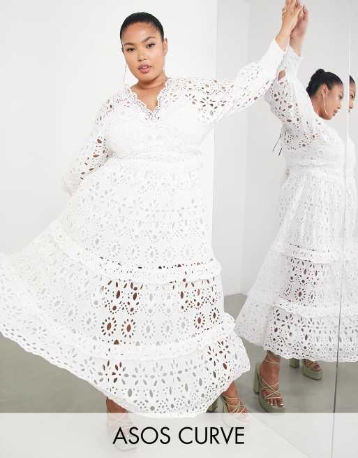 ASOS EDITION Curve - Vestito midi in pizzo bianco con maniche a sbuffo e scollo a V