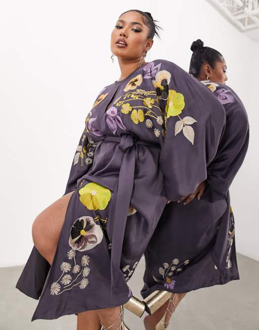 ASOS EDITION Curve - Vestito midi in raso viola con fiori ricamati