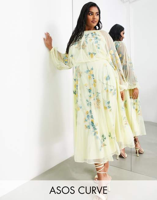 ASOS Edition Curve - Vestito midi in rete color limone con ricamo a fiori e maniche a campana