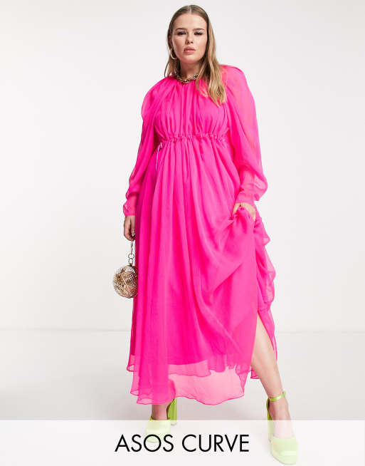 ASOS EDITION Curve - Vestito midi rosa acceso con dettaglio arricciato 