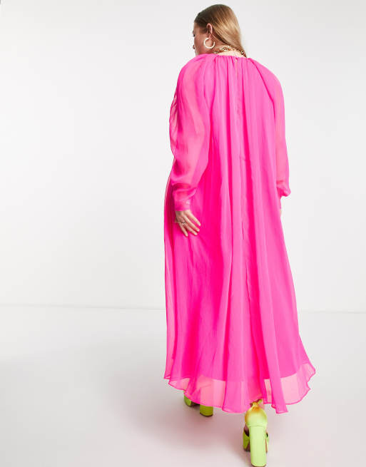 ASOS EDITION Curve - Vestito midi rosa acceso con dettaglio arricciato , 2 di 4