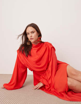 Asos Design Curve Volume Blouson Sleeve Satin Midi Dress In Red
