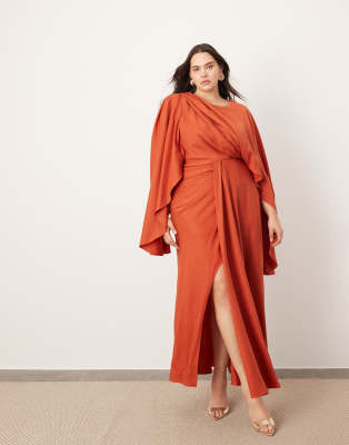 Curve volume flare sleeve grecian cut out maxi dress in rust-Brown