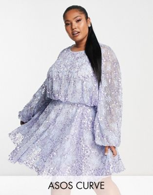 ASOS EDITION Curve waisted blouson sleeve floral embellished mini dress in lilac-Purple
