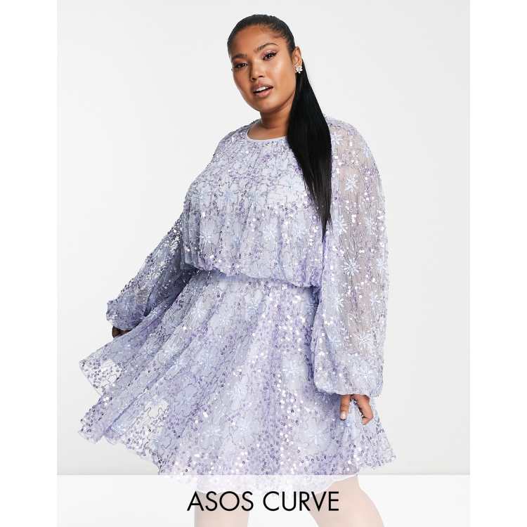 ASOS EDITION Curve waisted blouson sleeve floral embellished mini dress in  lilac