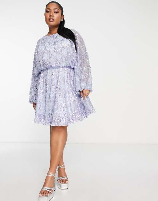 ASOS EDITION waisted blouson sleeve floral embellished mini dress in lilac