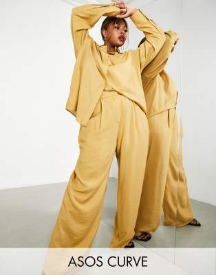 ASOS EDITION Curve wide leg slouchy pants in caramel-Neutral