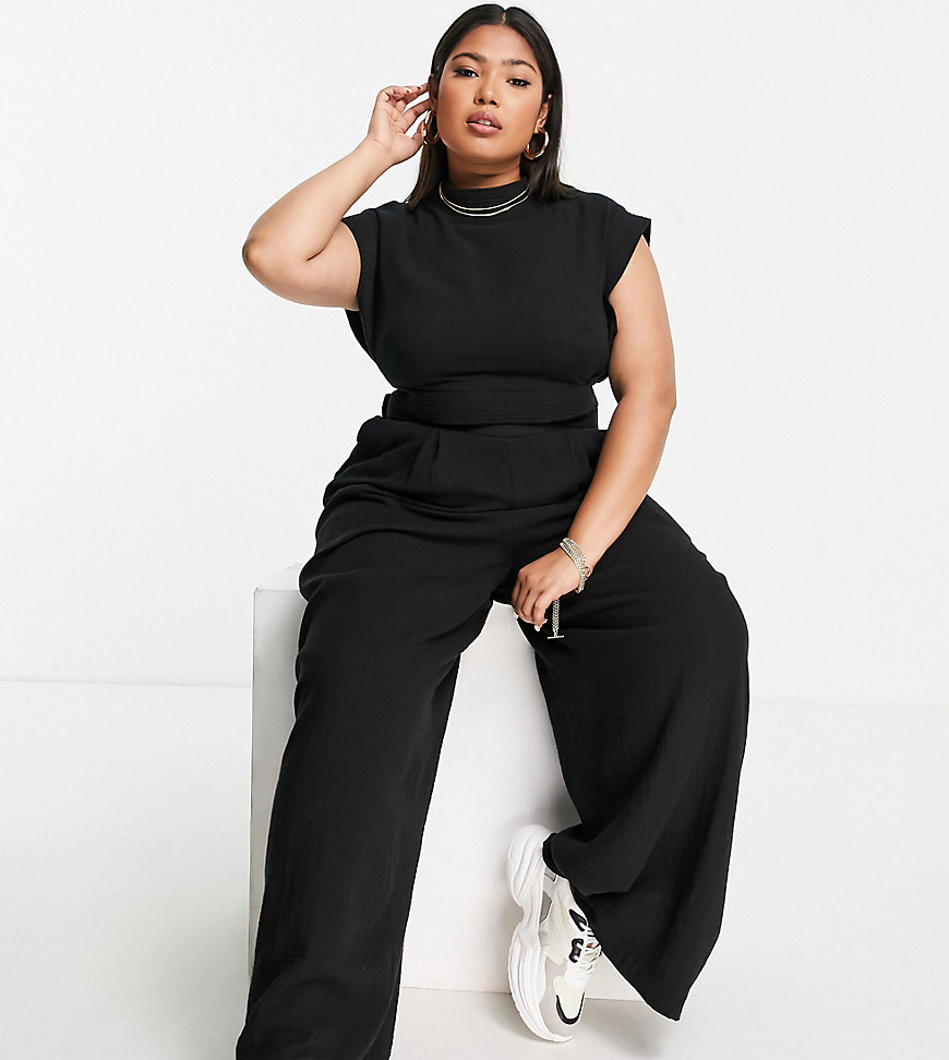 ASOS EDITION Curve wide leg trouser with stitch detail in black