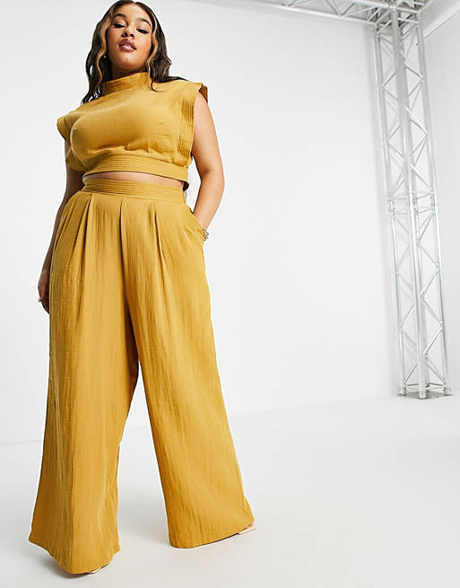 ASOS EDITION Curve wide leg trouser with stitch detail in mustard