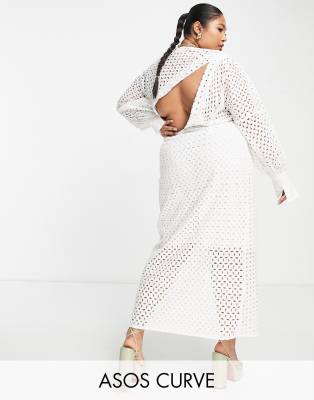 Asos Edition Curve Wrap Front Broderie Midi Dress With Blouson Sleeve In White
