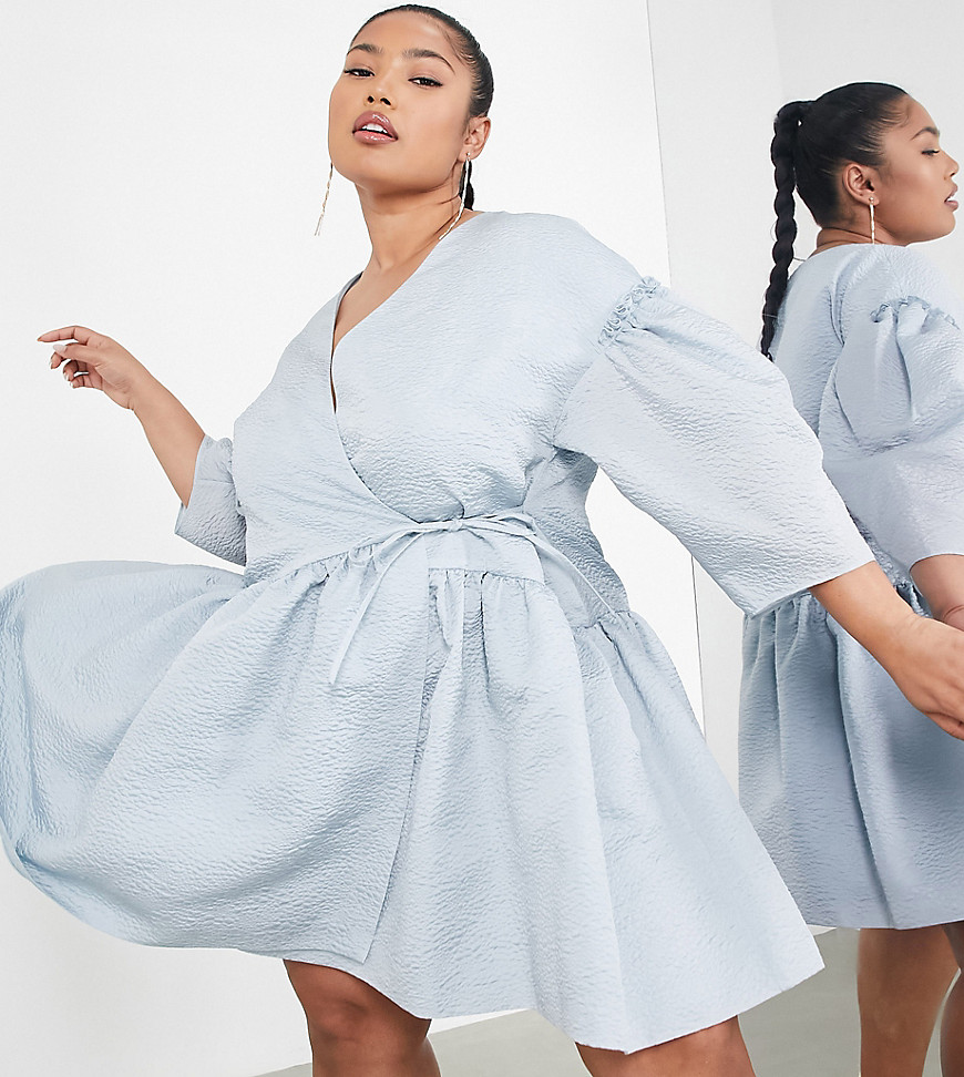 ASOS EDITION Curve wrap smock textured mini dress in blue