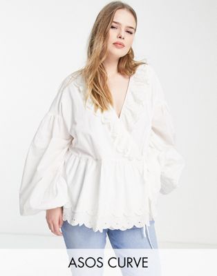 ASOS EDITION Curve wrap smock top with broderie ruffle collar in white