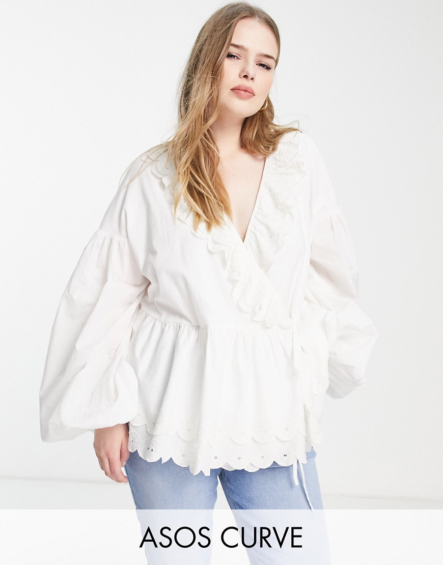 Plus-size top by ASOS EDITION Love at first scroll V-neck Tie waist Broderie trims Regular fit