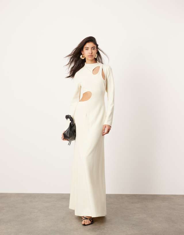 single sleeve cut out maxi dress in cream ASOS EDITION cut out long sleeve maxi dress in cream