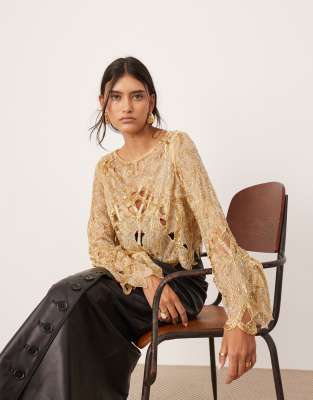 cut work nouveau floral embellished long sleeve top in gold