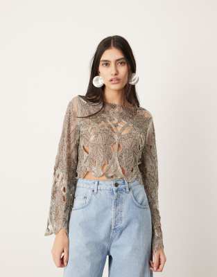 ASOS EDITION cut work nouveau floral embellished long sleeve top