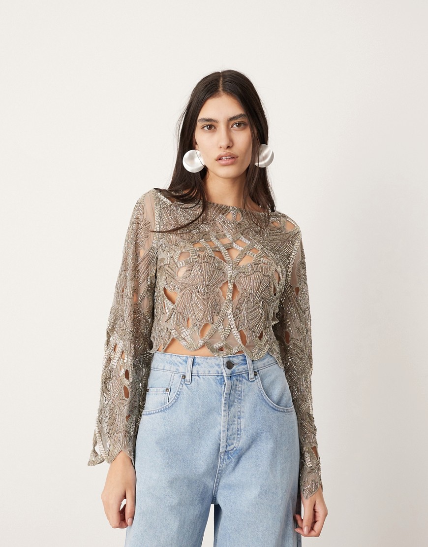 ASOS EDITION cut work nouveau floral embellished long sleeve top-Silver