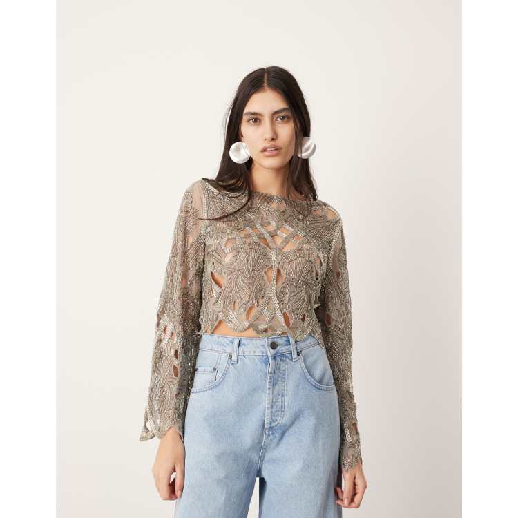 ASOS EDITION cut work nouveau floral embellished long sleeve top