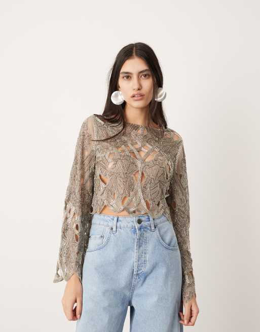 ASOS EDITION cut work nouveau floral embellished long sleeve top ASOS