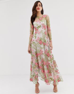 asos edition floral embroidered maxi dress with cutabout skirt