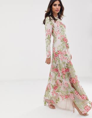 asos edition floral embroidered maxi dress with cutabout skirt