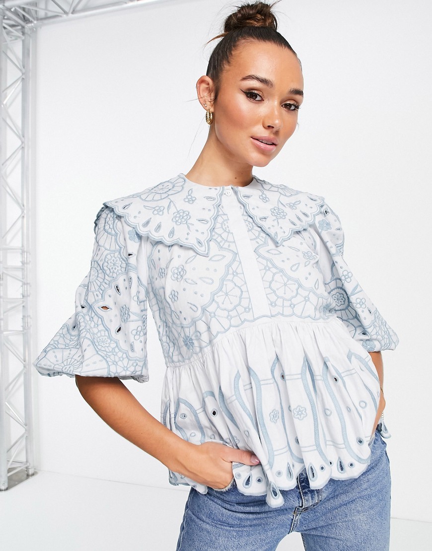 ASOS EDITION cutwork broderie smock top with tonal embroidery in blue