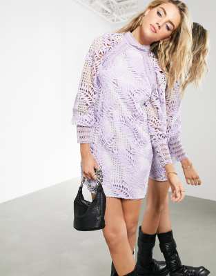 ASOS EDITION cutwork embroidered palm mini dress with puff sleeve-Purple