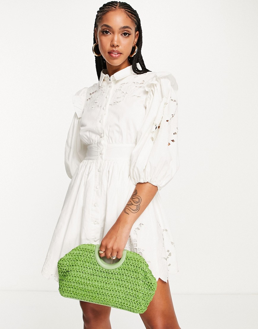 Asos Design Cutwork Embroidered Puff Sleeve Mini Dress In White