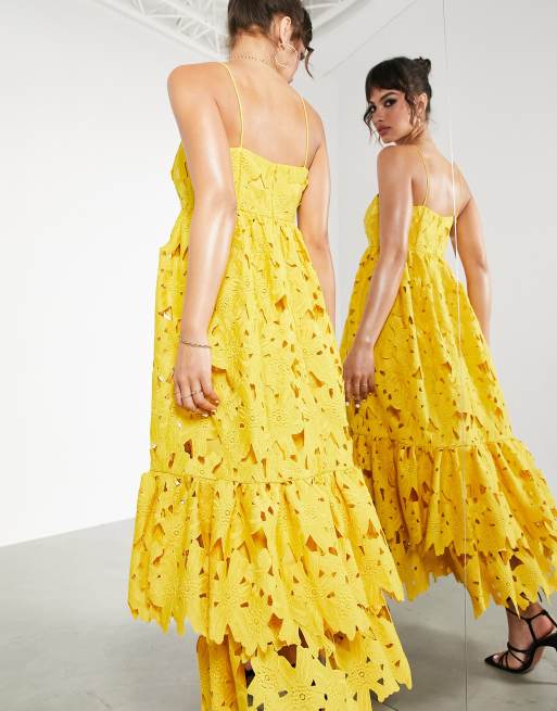 long embroidered dress Mustard Yellow Embroidered Maxi Dress main image 0