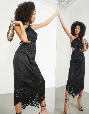 ASOS EDITION cutwork halter satin midi dress in black