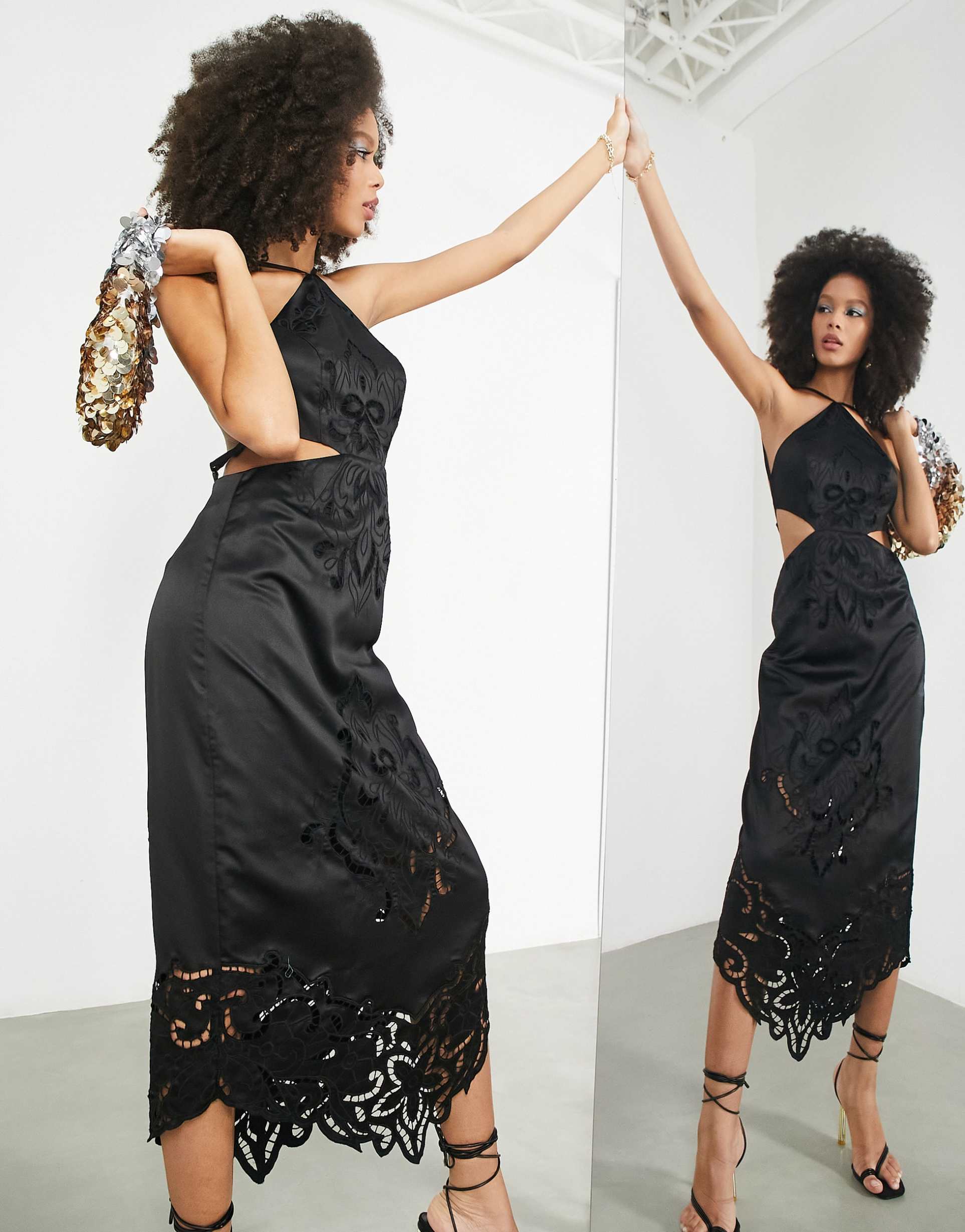 asos edition cutwork halter satin midi dress in black