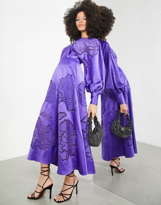 ASOS EDITION cutwork long sleeve satin midi dress in purple - ASOS Price Checker