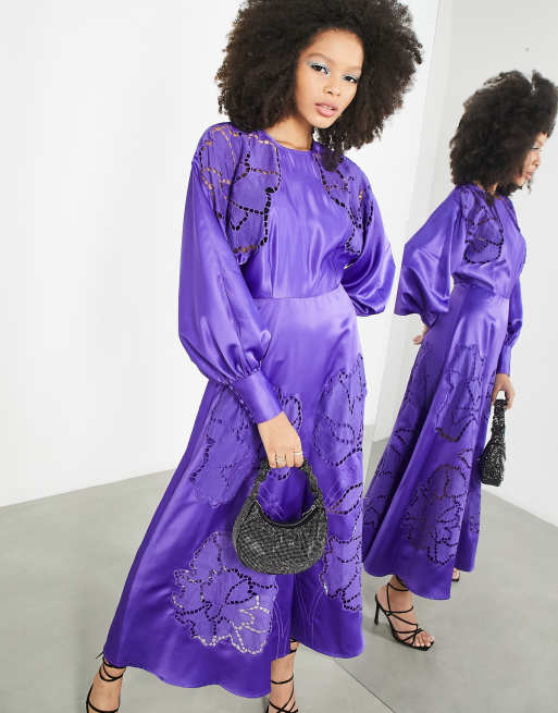 Purple long store sleeve midi dress