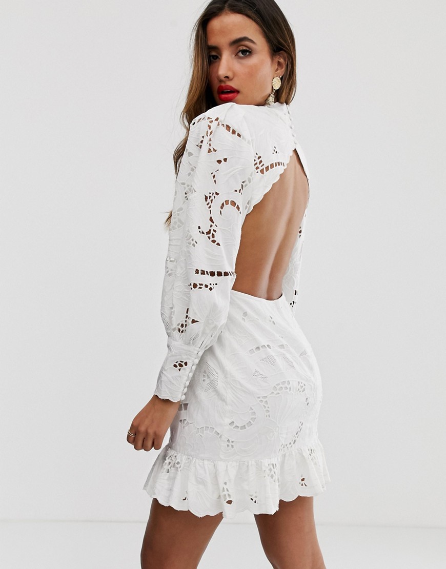 Asos Design Cutwork Mini Dress With Open Back-white
