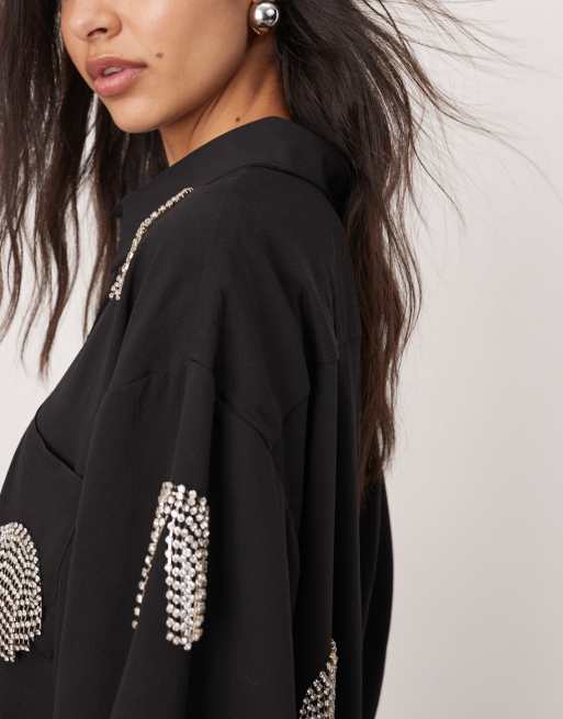 ASOS Edition – Czarna koszula oversize z frędzlami z diamencików, 3 z 4