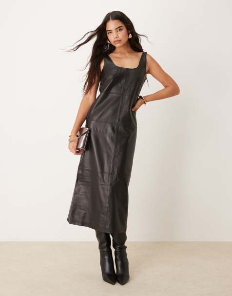 ASOS Edition – Czarna sukienka kolumnowa midi z dekoltem w łódkę z miękkiej skóry - view 1