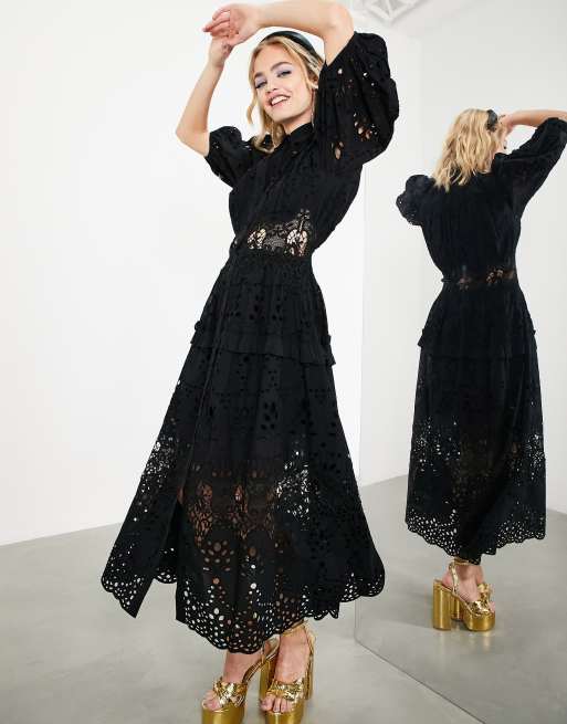 ASOS EDITION – Czarna sukienka koszulowa midi z bufkami i haftowaną talią