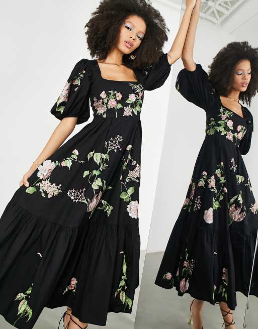 ASOS Edition – Czarna sukienka midi z bufiastymi rękawami i podkreśloną talią w haftowany wzór w róże