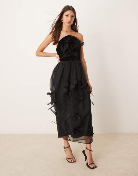 ASOS Edition – Czarna sukienka midi z organzy z aksamitnym dekoltem bandeau i wstawkami w kwiatowy wzór - view 1