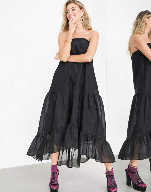 ASOS EDITION – czarna sukienka z dekoltem typu bandeau i wydłużonym tyłem
