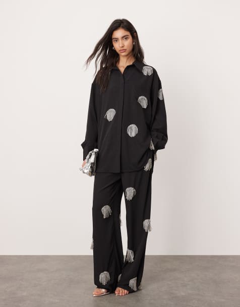 ASOS Edition – Czarny zdobiony zestaw z frędzlami ze strasów w groszki: koszula oversize i spodnie z szerokimi nogawkami - view 1