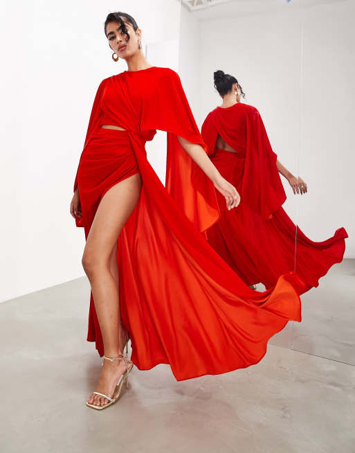 ASOS Edition – Czerwona aksamitna sukienka maxi z obszernymi rozkloszowanymi rękawami i wycięciem