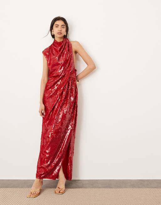 ASOS Edition – Czerwona drapowana sukienka cekinowa maxi o luźnym kroju bez rękawów z dekoltem halter
